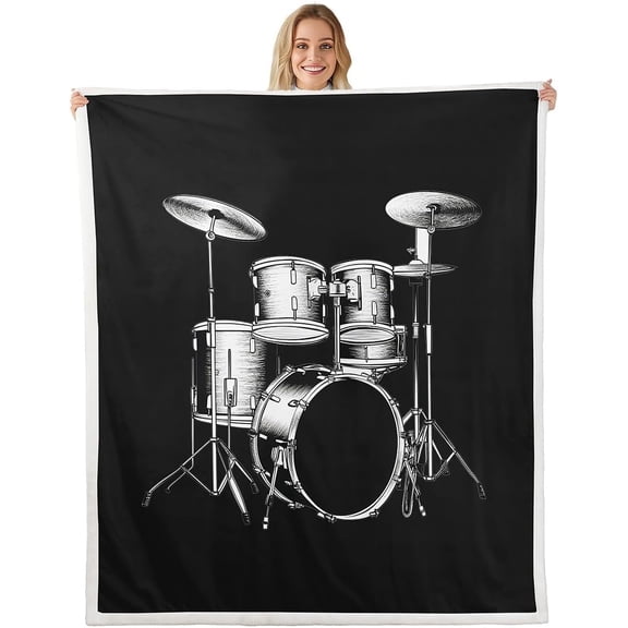 Drum Kit Plush Drum Fleece Throw for Sofa Couch Bed - Rock Music Themed Sherpa Blanket - Musical Pattern Fuzzy Room Decor - Twin 60x80 Inch