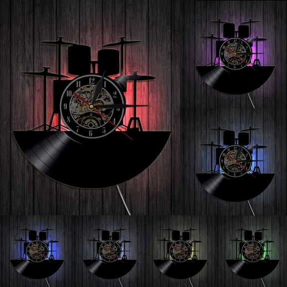 Drum Kit Vinyl Record Wall Clock Music Band Drums Musical Instruments Drummer Home Decor Wall Clock Unique Rock Music Lover Gift