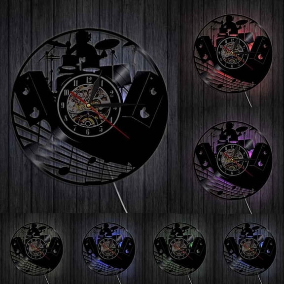 Drum Kit Vinyl Record Wall Clock Music Band Drums Musical Instruments Rock Drummer Wall Clock Unique Gift For Rock Music Lover