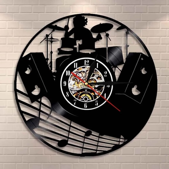 Drum Kit Vinyl Wall Clock,Vinyl Record Clock Wall Art Black Handmade Art Home Unique Gift idea