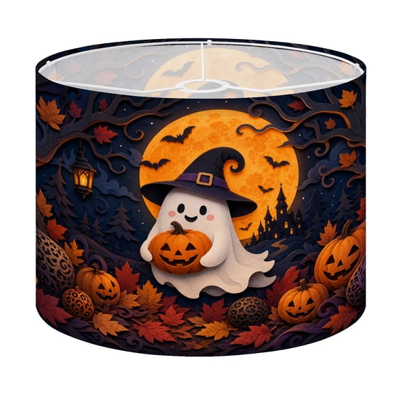 Drum Lamp Shade Adorable Ghost Holding Pumpkin Spooky Halloween Forest Scene Lantern o Lampshade for Table Lamps Floor Lamps Pendant Light 13"x13"x10" Replacement Linen Large Lamp Shade Easy Assembly