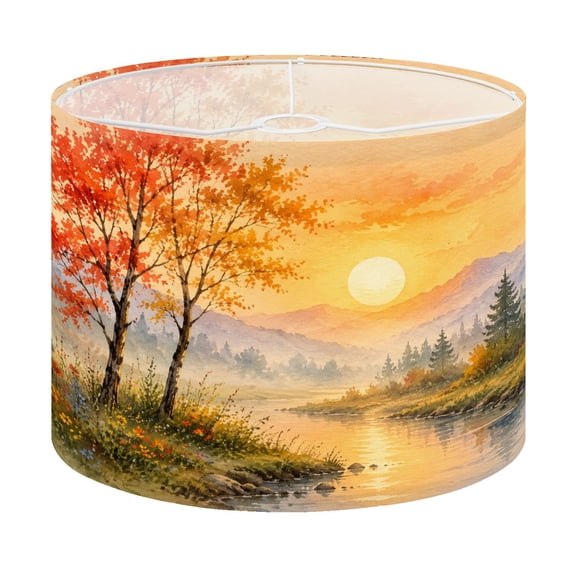 Drum Lamp Shade Autumn Riverside Chinoiserie Red Maple Trees Golden Sunset Misty Lampshade for Table Lamps Floor Lamps Pendant Light 13"x13"x10" Replacement Linen Large Lamp Shade Easy Assembly