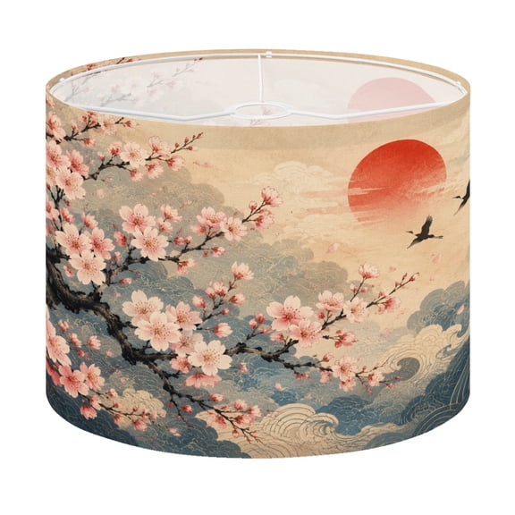 Drum Lamp Shade Cherry Blossom Branches Japanese Waves Rising Sun Floral Oriental Lampshade for Table Lamps Floor Lamps Pendant Light 13"x13"x10" Replacement Linen Large Lamp Shade Easy Assembly