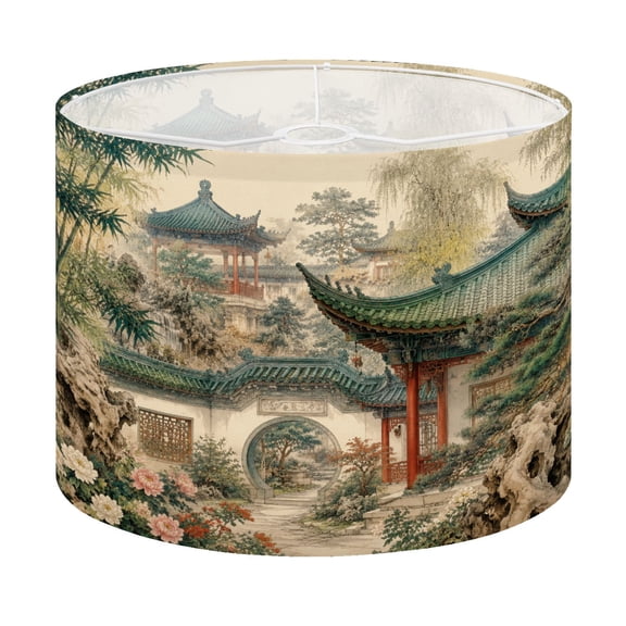 Drum Lamp Shade Chinoiserie Classical Garden Green Tiled Pavilions Moon Gate Entrance Lampshade for Table Lamps Floor Lamps Pendant Light 13"x13"x10" Replacement Linen Large Lamp Shade Easy Assembly