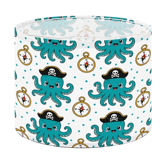 Drum Lamp Shade Cute Pirate Octopus Seamless Nautical Compass Turquoise Cartoon Sea Lampshade for Table Lamps Floor Lamps Pendant Light 13"x13"x10" Replacement Linen Large Lamp Shade Easy Assembly