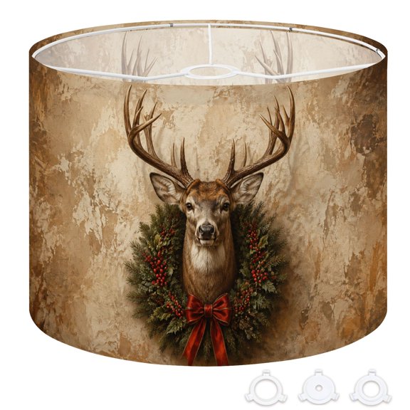 Drum Lamp Shade Deer Head Christmas Wreath red bow rustic vintage Beige Elegant 13"x13"x10" Large Lampshade for Table Lamps Floor Lamps Pendant Light Replacement Linen Lamp Shade Easy Assembly