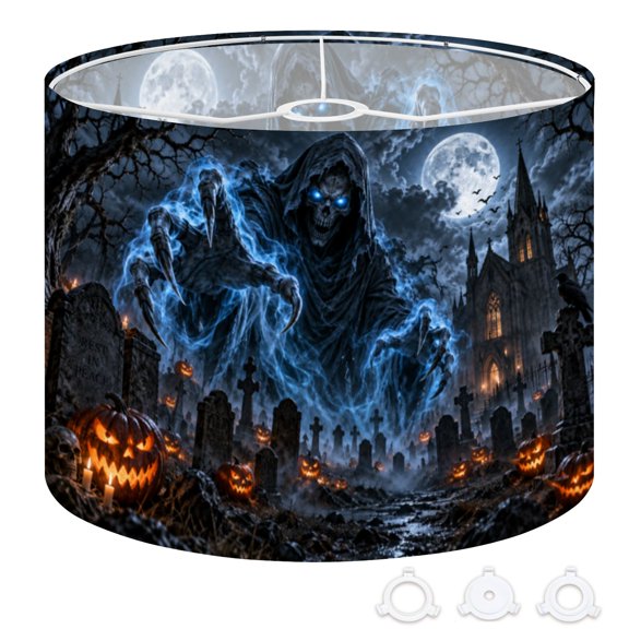 Drum Lamp Shade Eerie Ghost Graveyard Dark Glowing Blue Ghost Pumpkins Emerging Large Lampshade for Table Lamps Floor Lamps Pendant Light 13"x13"x10" Linen Lampshade Replacement Easy Assembly