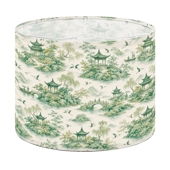 Drum Lamp Shade Green Oriental Garden Pagodas Bridges Trees Birds Lampshade for Table Lamps Floor Lamps Pendant Light 13"x13"x10" Replacement Linen Large Lamp Shade Easy Assembly