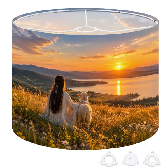 Drum Lamp Shade Hilltop Sunset Girl Sheep Woman Sheep Flowering Meadow 13"x13"x10" Large Lampshade for Table Lamps Floor Lamps Pendant Light Replacement Linen Lampshade Easy Assembly