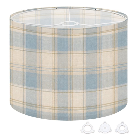 Drum Lamp Shade Light Blue Beige Plaid Subtle Fabric Look Lampshade for Table Lamps Floor Lamps Pendant Light 13"x13"x10" Replacement Linen Large Lamp Shade Easy Assembly