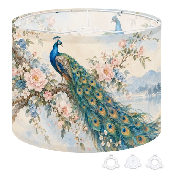 Drum Lamp Shade Majestic Peacock feathers Cherry Blossom Tree Vibrant Blue Green 13"x13"x10" Large Lampshade for Table Lamps Floor Lamps Pendant Light Replacement Linen Lampshade Easy Assembly