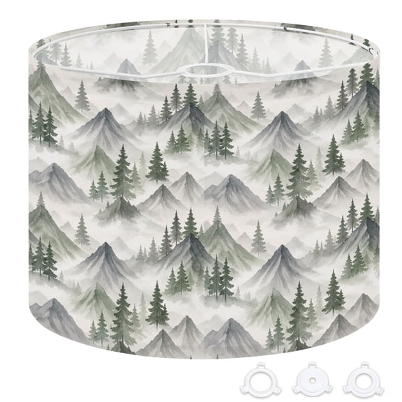 Drum Lamp Shade Misty Mountains Watercolor Pine Forest Green Gray Tones Lampshade for Table Lamps Floor Lamps Pendant Light 13"x13"x10" Replacement Linen Large Lamp Shade Easy Assembly