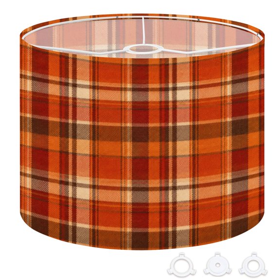 Drum Lamp Shade Orange Brown Plaid Tartan Autumn Gingham Checkered Fall Decor Large Lampshade for Table Lamps Floor Lamps Pendant Light 13"x13"x10" Linen Lampshade Replacement Easy Assembly
