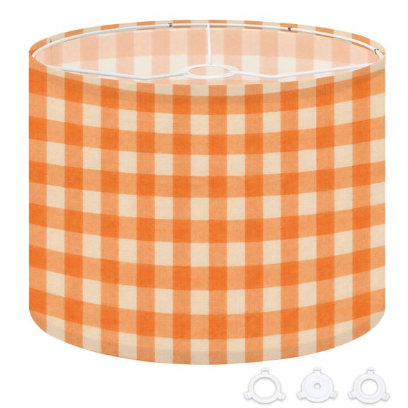 Drum Lamp Shade Orange Cream Checkered Fabric Design Gingham Plaid Tartan 13"x13"x10" Large Lampshade for Table Lamps Floor Lamps Pendant Light Replacement Linen Lampshade Easy Assembly