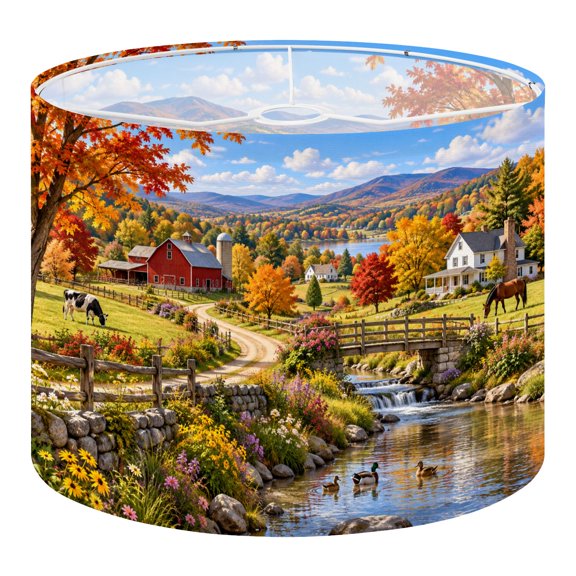 Drum Lamp Shade Rustic Autumn Farm Landscape Red Barn Stream Colorful Trees Replacement Lampshade for Table Lamps Floor Lamps Pendant Light Decorative Linen Light Shade 13 x 10 in
