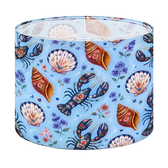 Drum Lamp Shade Seashells Lobsters Floral Accents Light Blue Lampshade for Table Lamps Floor Lamps Pendant Light 13"x13"x10" Replacement Linen Large Lamp Shade Easy Assembly