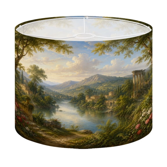 Drum Lamp Shade Serene River Valley Landscape Mountain View Classical Ruins Garden Lampshade for Table Lamps Floor Lamps Pendant Light 13"x13"x10" Replacement Linen Large Lamp Shade Easy Assembly