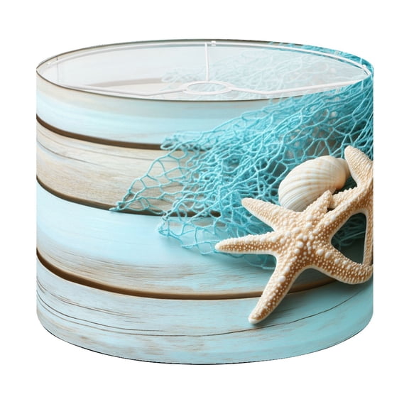 Drum Lamp Shade Starfish Shell Teal Beach Nature Sea Fishing Net Wooden Planks Colors Lampshade for Table Lamps Floor Lamps Pendant Light 13"x13"x10" Replacement Linen Large Lamp Shade Easy Assembly