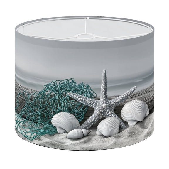 Drum Lamp Shade Starfish Shell Teal Beach Nature Seashells Driftwood Fishing Net Sand Lampshade for Table Lamps Floor Lamps Pendant Light 13"x13"x10" Replacement Linen Large Lamp Shade Easy Assembly