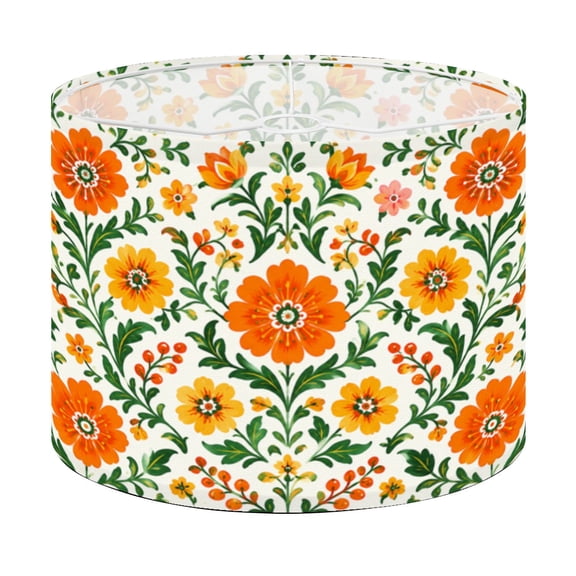 Drum Lamp Shade Traditional folk art inspired orange green flowers beige seamless Lampshade for Table Lamps Floor Lamps Pendant Light 13"x13"x10" Replacement Linen Large Lamp Shade Easy Assembly