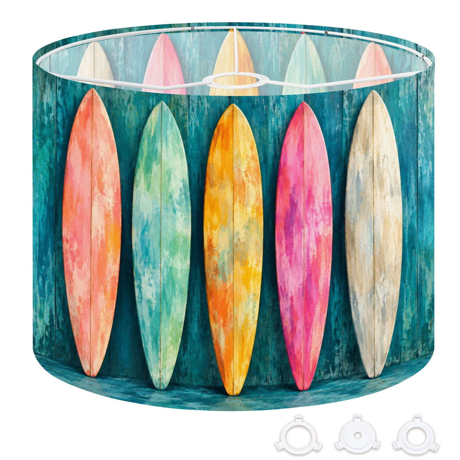 Drum Lamp Shade Vibrant colorful Surfboards Displayed Against Rustic ...