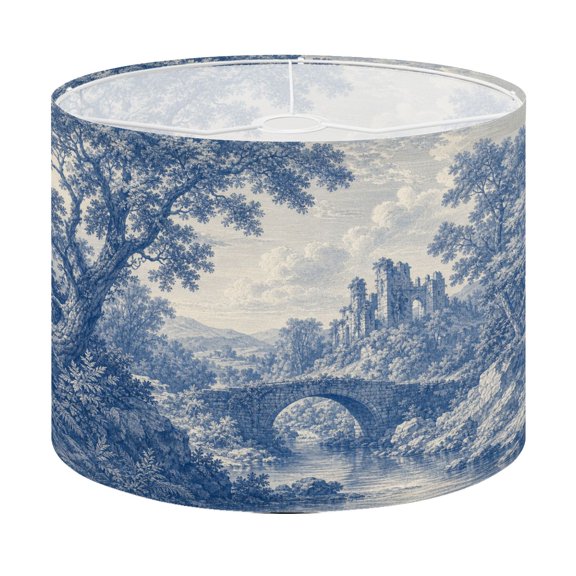 Drum Lamp Shade Vintage Blue Monochrome Stone Bridge Ruins Pastoral Landscape Lampshade for Table Lamps Floor Lamps Pendant Light 13"x13"x10" Replacement Linen Large Lamp Shade Easy Assembly