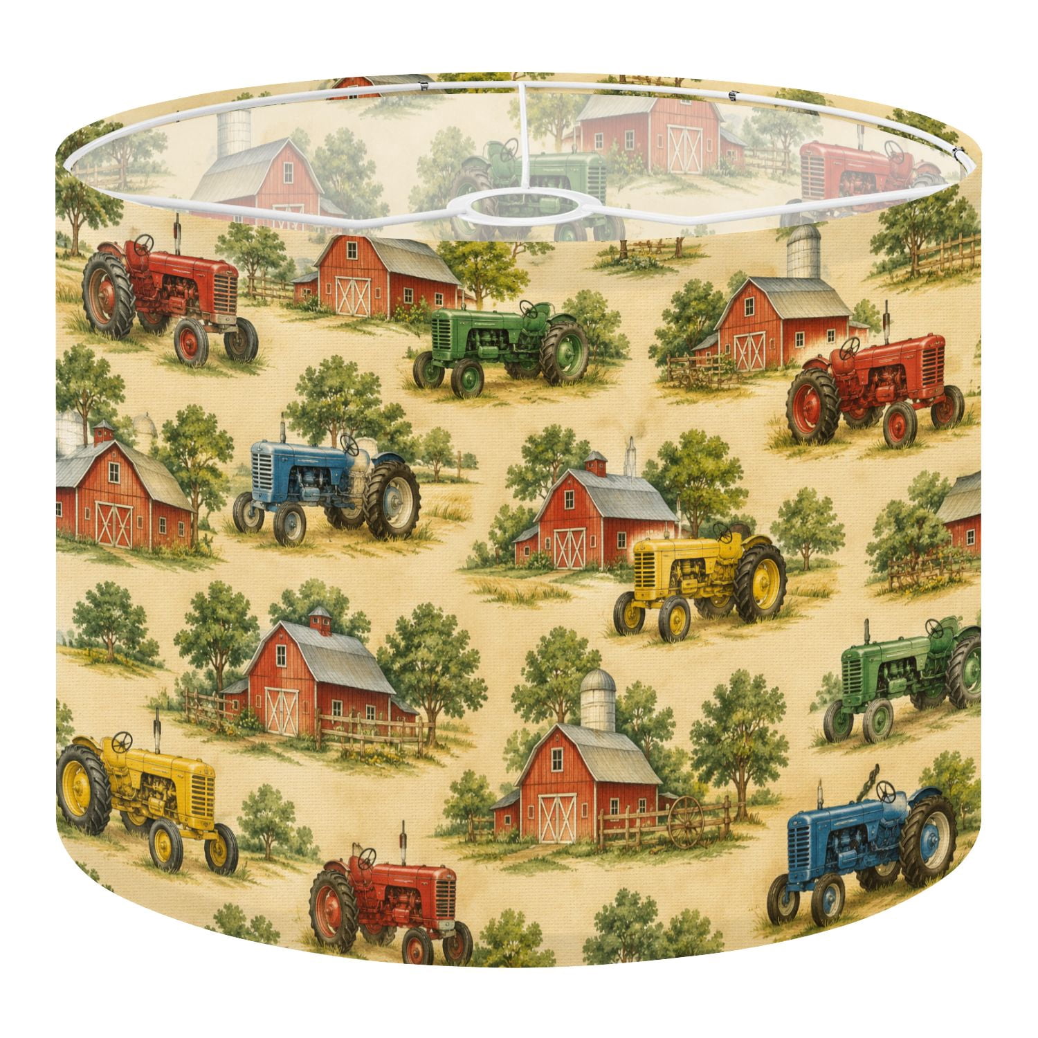 Drum Lamp Shade Vintage Farm Tractors Barns Rustic Green Fields Country ...
