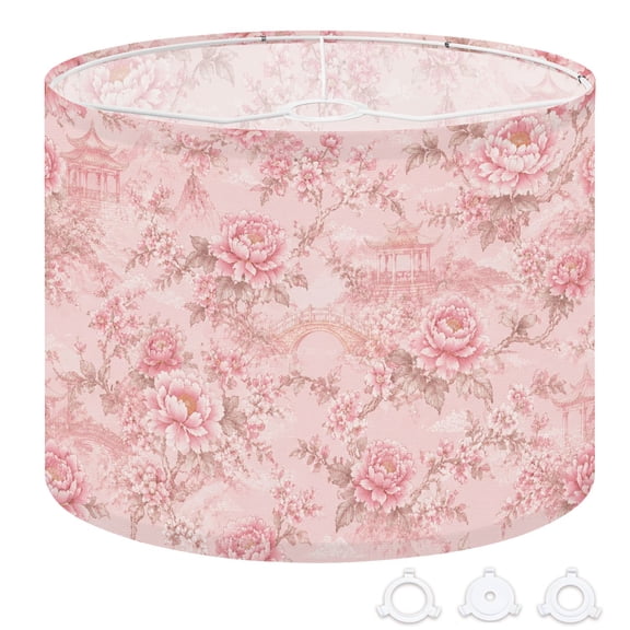 Drum Lamp Shade Vintage Pink Floral Design Peony Blooms Oriental Architecture 13"x13"x10" Large Lampshade for Table Lamps Floor Lamps Pendant Light Replacement Linen Lamp Shade Easy Assembly