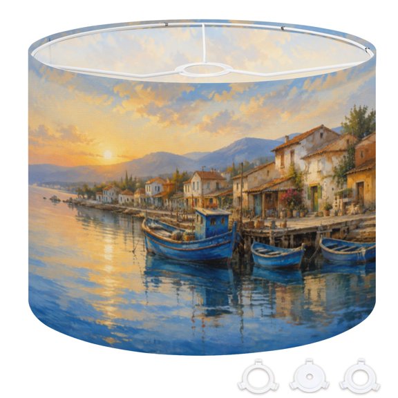 Drum Lamp Shade coastal scenery fishing boats hand drawn watercolor seascape clear 13"x13"x10" Large Lampshade for Table Lamps Floor Lamps Pendant Light Replacement Linen Lamp Shade Easy Assembly