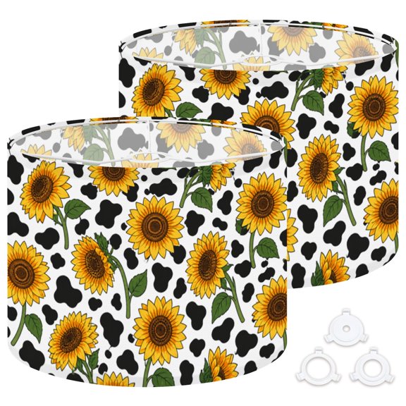 Drum Lamp Shades Set of 2 Black White Cow Print sunflower flower 13"x13"x10" Large Lampshades for Table Lamps Floor Lamps Replacement Linen Lamp Shade Easy Assembly