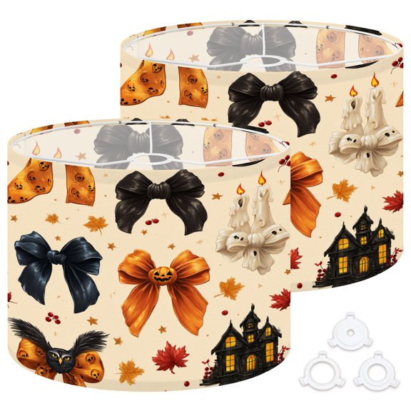 Drum Lamp Shades Set of 2 Halloween Themed Decorative Bows Haunted House Candles 13"x13"x10" Large Lampshades for Table Lamps Floor Lamps Replacement Linen Lamp Shade Easy Assembly