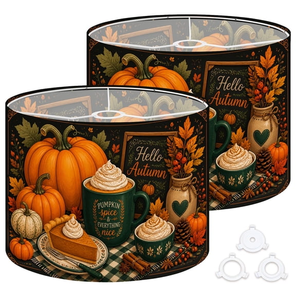 Drum Lamp Shades Set of 2 Pumpkin Spice Autumn Still Life Coffee Mug Pumpkins Cozy Fall Harvest 13"x13"x10" Large Lampshades for Table Lamps Floor Lamps Replacement Linen Lamp Shade Easy Assembly