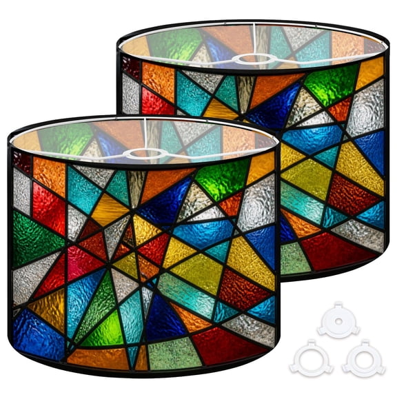 Drum Lamp Shades Set of 2 Stained Glass modern rainbow Abstract Geometric mosaic colored 13"x13"x10" Large Lampshades for Table Lamps Floor Lamps Replacement Linen Lamp Shade Easy Assembly