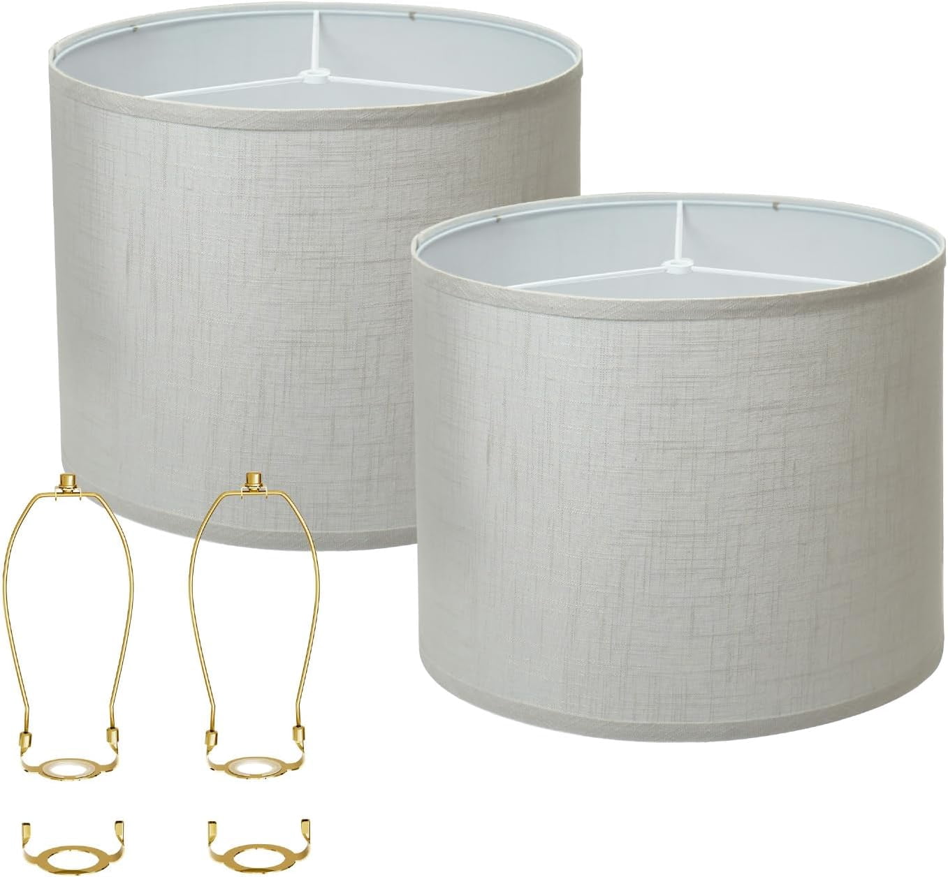 Drum Lamp Shades Set of 2, White Large Lampshades 15" Top X 15" Bottom X 12" Height, Large Lampshades Spider Fitter, Natural Linen Lamp Shade, Easy Assembly Required with 2 Lampshade Holders