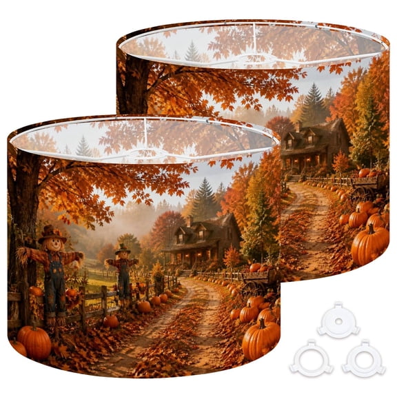 Drum Lamp Shades Set of 2 fall Autumn Scenery Scarecrows Pumpkins fall Cozy Cabin 13"x13"x10" Large Lampshades for Table Lamps Floor Lamps Replacement Linen Lamp Shade Easy Assembly