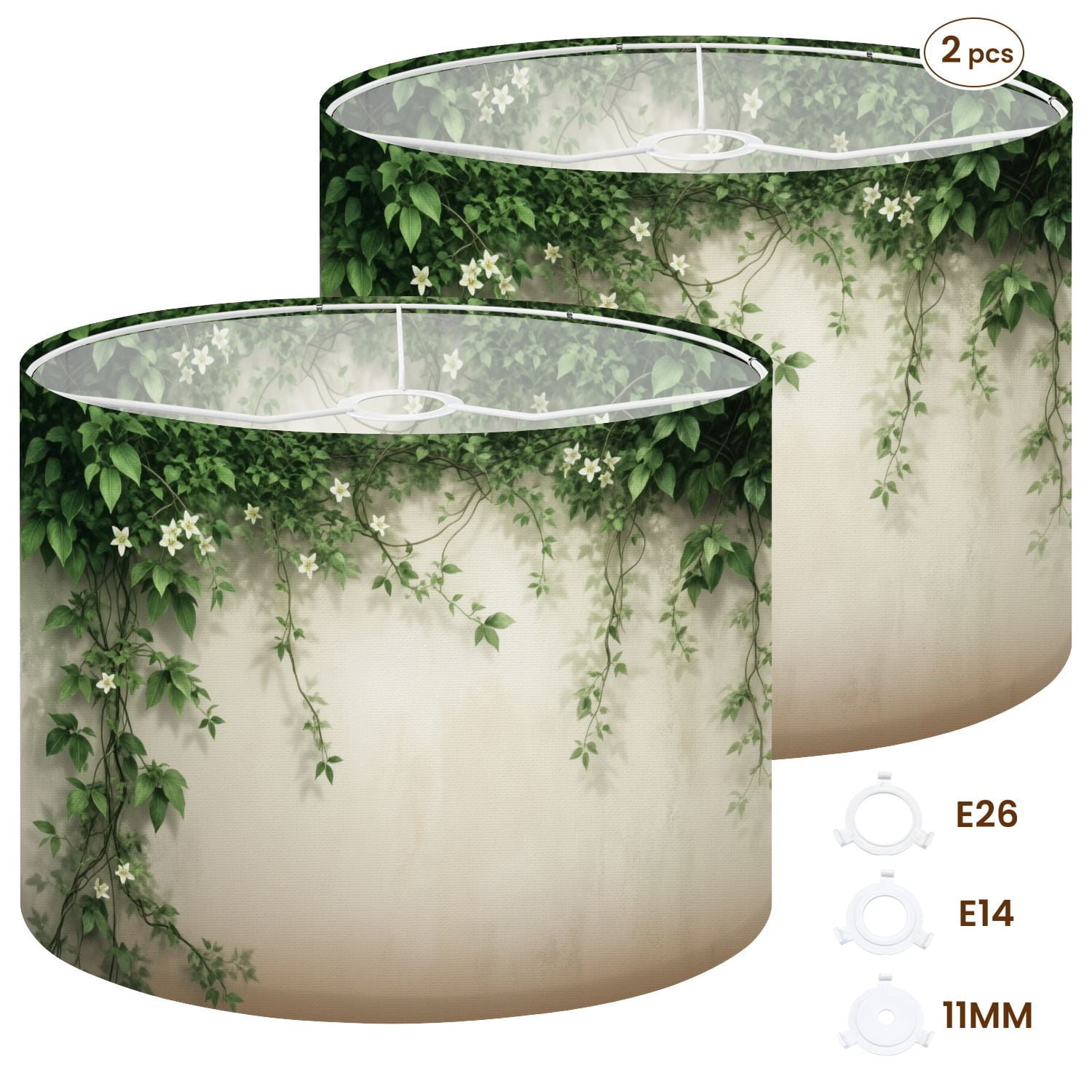 Drum Lampshades Set of 2 13"x13"x10" Green Vines White Flowers Beige ...
