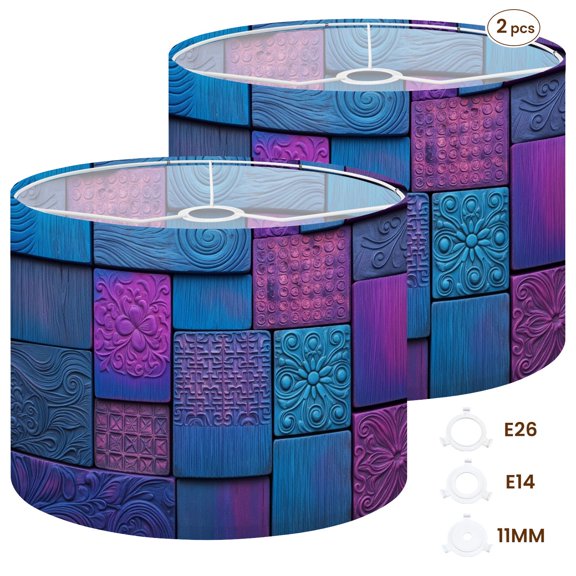 Drum Lampshades Set of 2 13"x13"x10" Abstract 3D Patterned Tiles Blue Purple Geometric Light Shade for Table Lamps Floor Lamp Shades Replacement Assembly Required