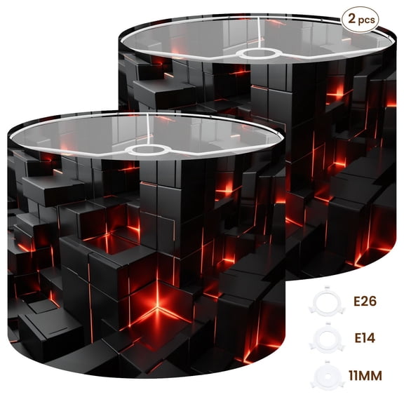 Drum Lampshades Set of 2 13"x13"x10" Futuristic Black Cubes Red Glowing Edges Abstract 3D Light Shade for Table Lamps Floor Lamp Shades Replacement Assembly Required