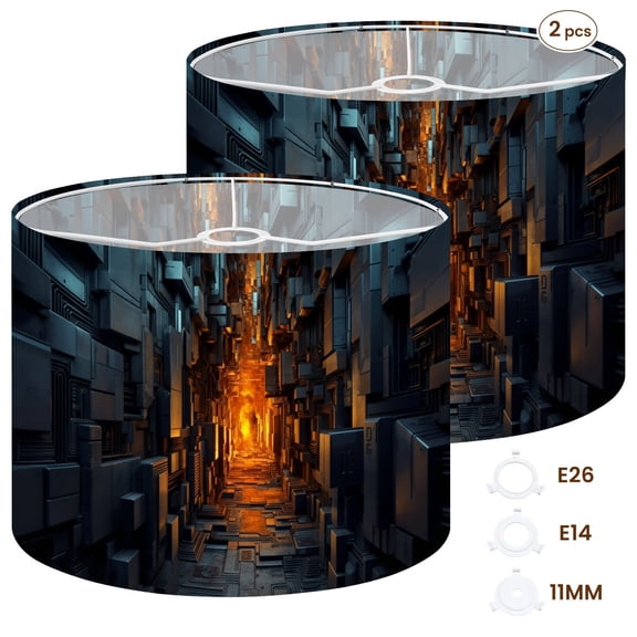 Drum Lampshades Set of 2 13"x13"x10" Futuristic Corridor Glowing Orange Light Abstract Metallic Light Shade for Table Lamps Floor Lamp Shades Replacement Assembly Required