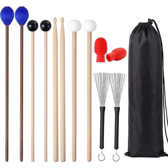 Drum Mallets Percussion Kit with 4 Pairs Drumsticks (felt Timpani, Rubber, Marimba, 5A) 2 Pcs Drumstick Dampeners 2 Pcs Brushes 1 Bag Percussion Instrument Accessories for Xylophone Timpani Bass Drum