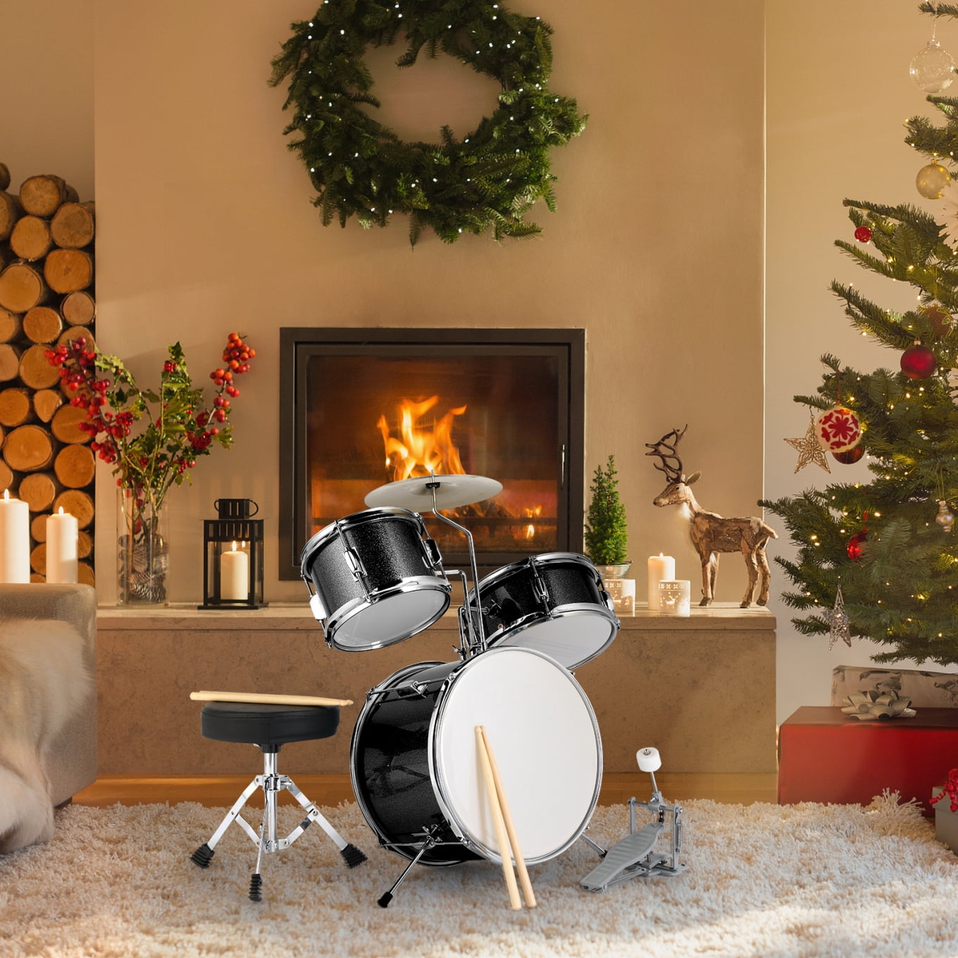 Drum Set 3-Piece for Beginners, 14 Inch Drum Musical Instruments with Adjustable Throne Stool Bass Drum Pedal and 2 Drumsticks, Drum Kit with Cymbal, Tom and Snare Drum,  Black