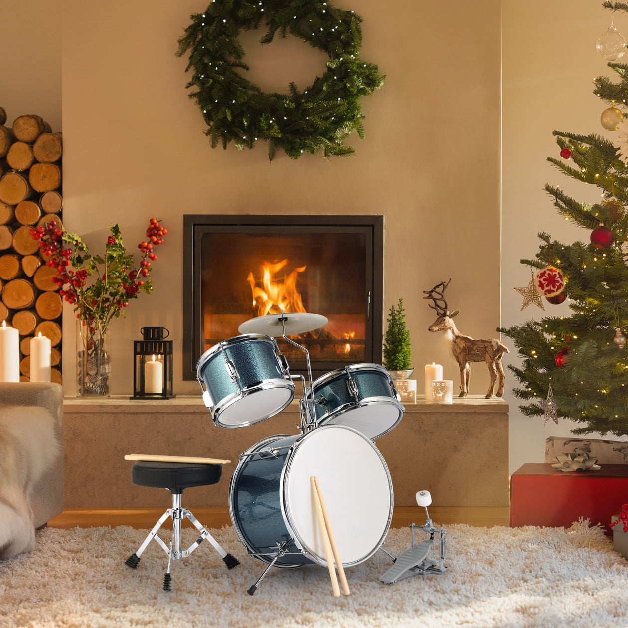 Drum Set 3-Piece for Beginners, 14 Inch Drum Musical Instruments with Adjustable Throne Stool Bass Drum Pedal and 2 Drumsticks, Drum Kit with Cymbal, Tom and Snare Drum, Sky Blue