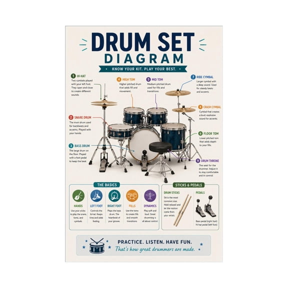 Drum Set Diagram Poster Percussion Instrument Parts Labeled for Music Education Classroom Practice Room Decor