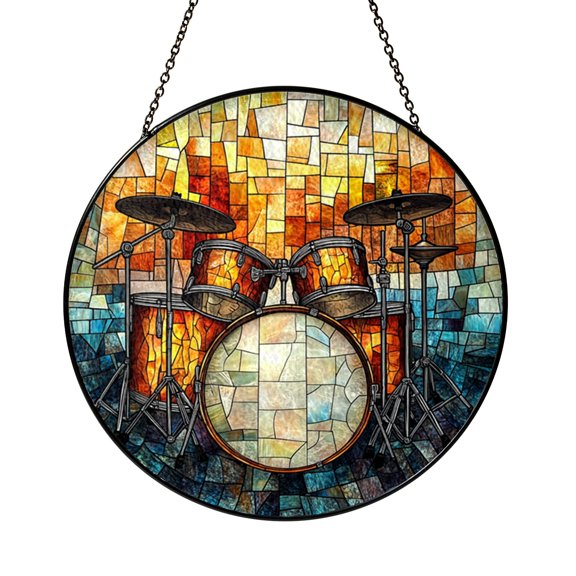 Drum Set Glass Suncatcher, Musical Instrument Window Hanging Decor, Percussion Inspired Home Accent Gift