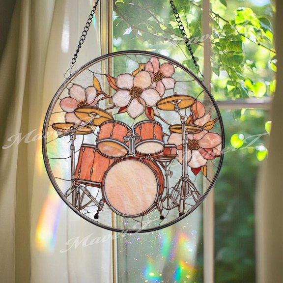 Drum Set Glass Suncatcher, Round Musician Window Panel, Floral Art Decor, 3.5 in