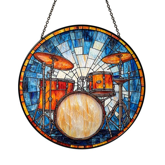 Drum Set Glass Suncatcher Window Hanging Decor, Musical Instrument Ornament, Creative Music Lover Home Accent