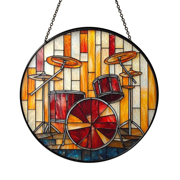 Drum Set Stained Glass Round Suncatcher, Musical Window Hanging Decor with Colorful Percussion Design