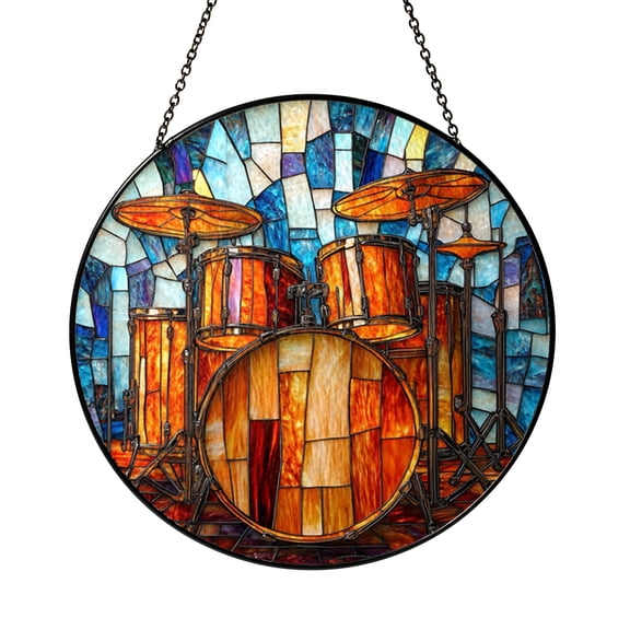 Drum Set Stained Glass Style Suncatcher Window Decor, Musical Instrument Art Hanging Panel, Decorative Glass Ornament for Music Enthusiasts