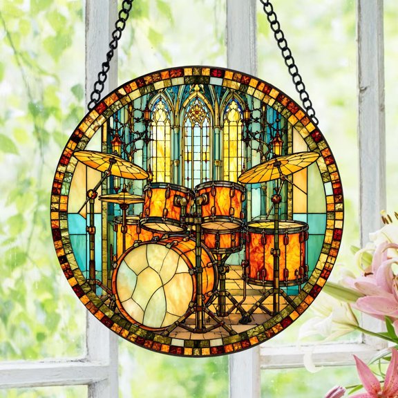 Drum Set Stained Glass Suncatcher, Drummer Window Hanging Decor, Music Lover Art Gift, Band Sun Catcher