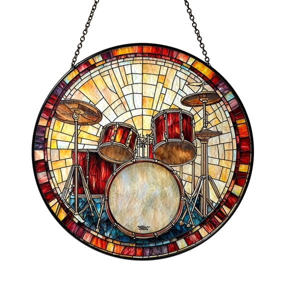Drum Set Stained Glass Suncatcher, Musical Instrument Window Hanging Decor, Percussion Art Gift for Musicians